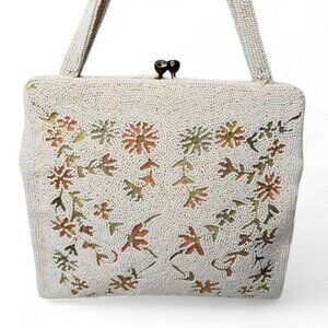 Vintage Walborg Micro Beaded Floral Twist Clasp Satchel Purse